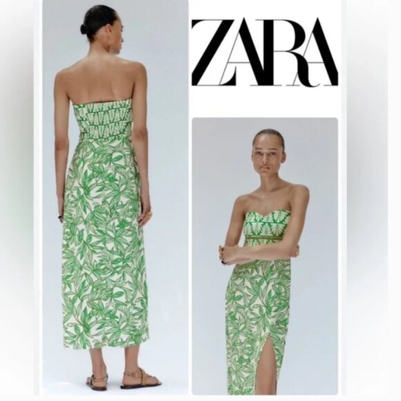 NEW Zara Linen Blend Strapless Midi Dress with Tropical Print, Size S - Picture 10 of 16